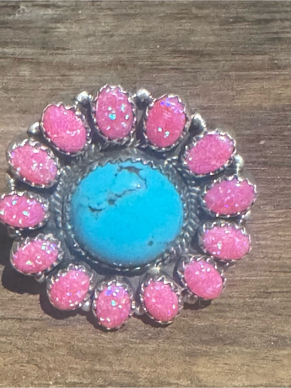 Hot Pink opal and Turquoise Floral Statement Ring